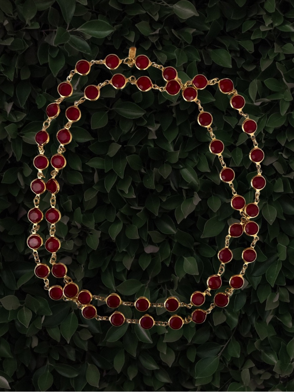 Vintage Swarovski Red Crystal Gold Tone Station Necklace- Long Layering Necklace